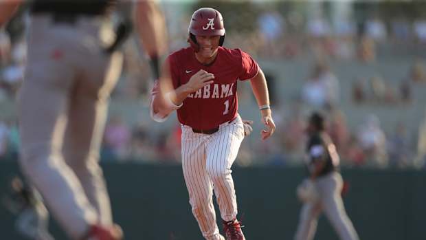 Will Hodo (1) running to second base - Alabama baseball vs. Jacksonville State